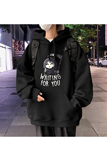 Touz Halloween Waitin For You Printed Black Unisex Oversize Hooded Sweatshirt