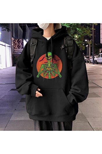 Touz LAGOM MODA Halloween Skeleton Printed Black Unisex Oversize Hooded Sweatshirt