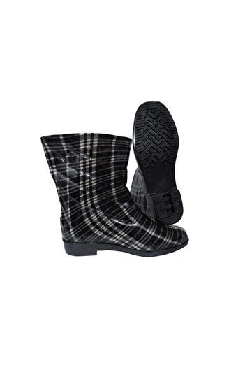 Gülsoy Black-White Striped Checkered Women's Poly Non-Slip Sole Rain Boots