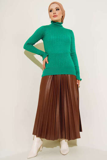 benguen 4019 Buttoned Wrists Knitted Detail Knitwear Sweater Green