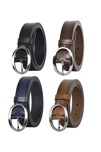 GoDeri %100 Hakiki Deri Mat Gümüş Oval Tokalı 4'lü Set Kadın Kemeri, 3 Cm=3cm-kdn-39-nik.ov