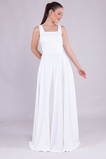 lovebox Women's Atlas Fabric Square Collar Thick Strap Designed Maxi Length White Dress 413