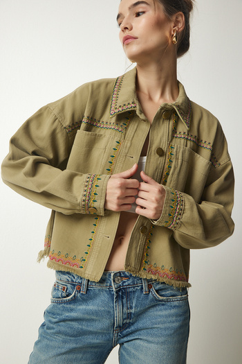 Happiness İstanbul Women's Khaki Embroidered Tasseled Oversize Denim Jacket SA00018