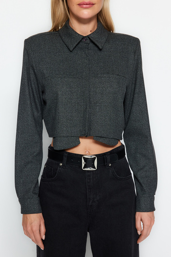 Trendyol Collection Anthracite Asymmetric Pocket Detailed Crop Woven Shirt TWOAW24GO00225