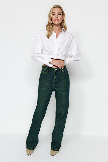 Trendyol Collection Sötétkék sápadt hatású Vintage alacsony derékú széles lábú farmernadrág TWOAW24JE00304