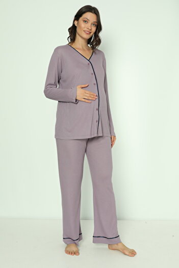 Miss Dünya Lissa Lila Önden Düğmeli Uzun Sabahlıklı Hamile ve Lohusa Pijama Takımı