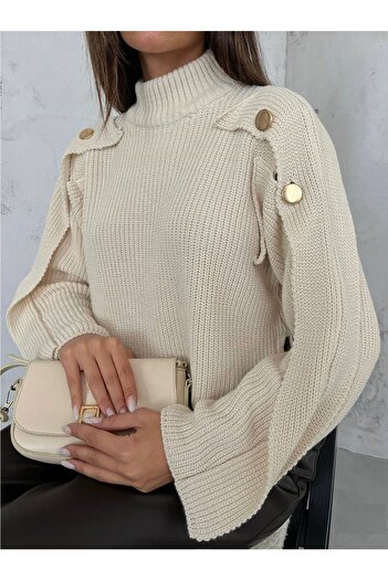 lovebox New Season Oversize Women's Sweater - Button Detail, BLCKF23W16028
