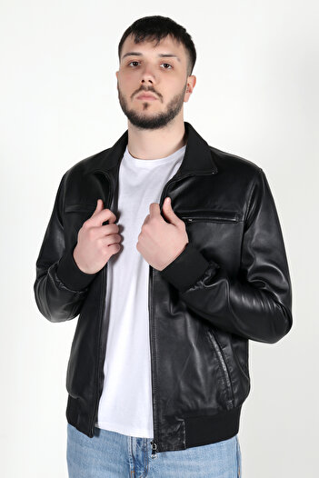 WOOG DERİ Kolej Model Erkek Siyah Hakiki Deri Ceket