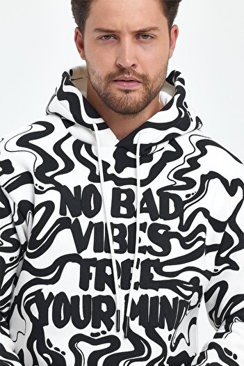 MADZEYMODA Ανδρικό λευκό φούτερ με κουκούλα 3 κλωστών