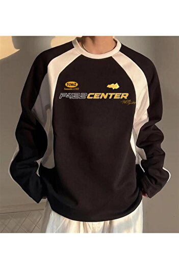 Touz F422 Center Printed Line Detail Unisex Oversize Crew Neck Black Sweatshirt
