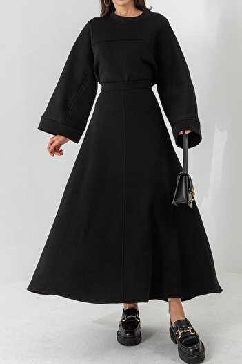 lovebox Three Thread Fabric Round Collar Wide Sleeve Cut Oversize Sweatshirt and Flared Skirt Black Suit 6186