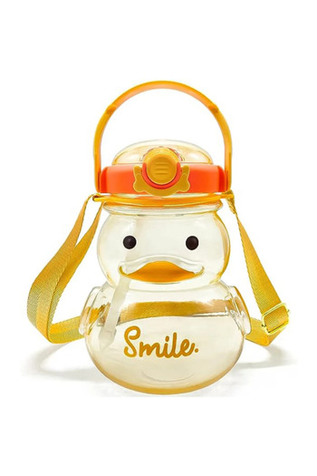 AYGÖREN HOME 1L Water Bottle with Duck Figure Yellow Carrying Apparatus and High Quality with Adhesive Sticker Gift