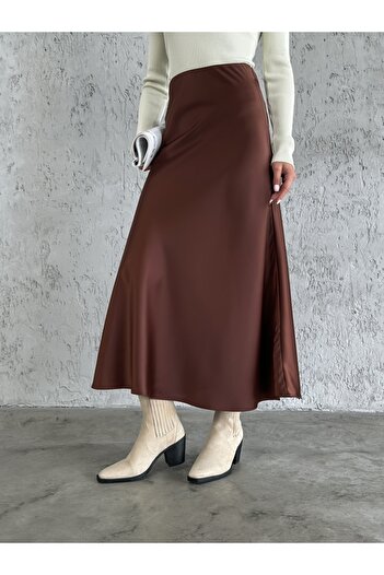 Elif Özbey Butik Καφέ μακριά σατέν φούστα
