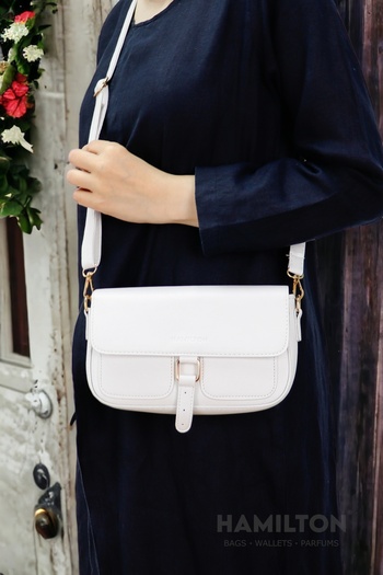 HAMILTON Original Women's White Crossbody Adjustable Strap Lined Leather Baguette Daily Shoulder Bag with Card Holder