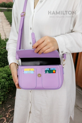 HAMILTON Original Women's Lilac Cross Adjustable Strap Lined Leather Baguette Daily Shoulder Bag with Card Holder
