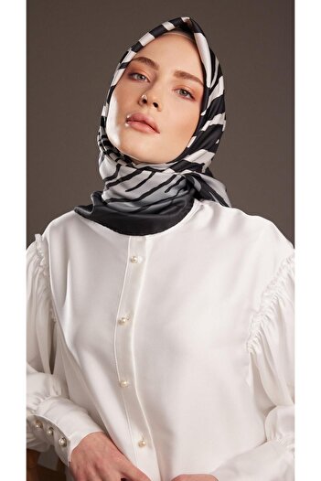 Armine Sport Twill (TİVİL) Özel Üretim Efsane Zebra Desen Eşarp Siyah Krem