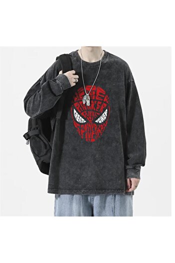 Gofeel Day Light Spider-Man Head Baskılı Yıkamalı Vintage Unisex Oversize Bisiklet Yaka Sweatshirt