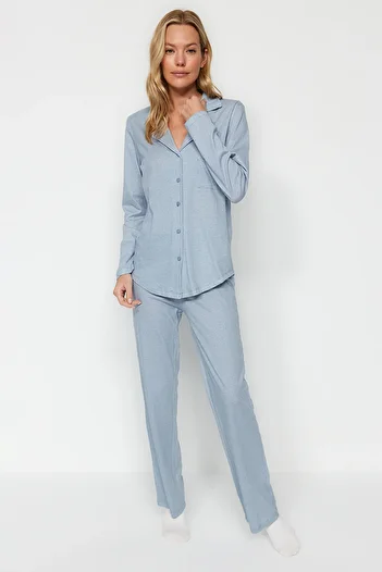 Trendyol Collection Set pijama tricotată albastră - 100% bumbac, Gingham THMAW24PT00247
