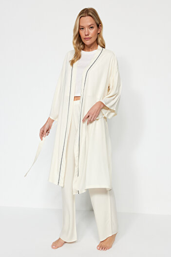 Trendyol Collection Beige 2-Piece Viscose Piping Woven Dressing Gown-Pajama Bottom Thmaw24Pt00074