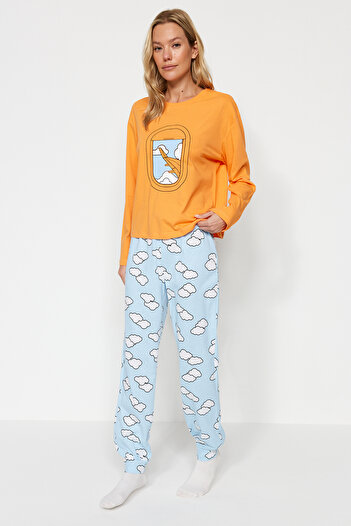 Trendyol Collection Cloud Print 100% Cotton Orange T-Shirt and Jogger Sleepwear Set - Thmaw24Pt00005