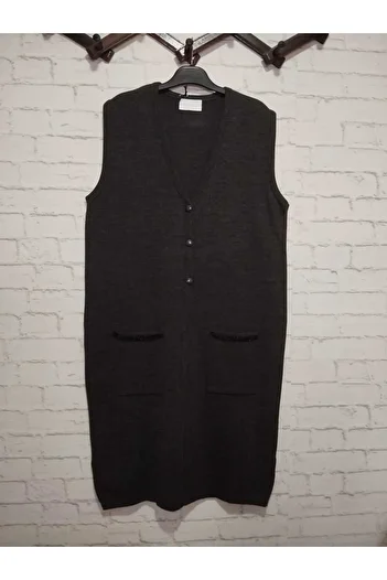 anne moda ankara winter, 1st quality steel, acrylic knitted, 2 pockets, 3 buttons, V-neck extra long knitwear vest
