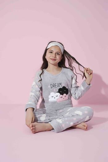 Tarık Girl, Teenager and Child Cloud Patterned Long Sleeve Fleece Plush Fabric Winter Warm Pajama Set