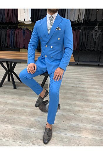 LONATOLİA Costum la două piept pentru bărbați, cu croiala italiană, pantaloni slim fit