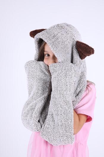 Babyhola Girl Boy Plush Beanie with Ears - Winter Babyhola 1300 with Pocket Gloves