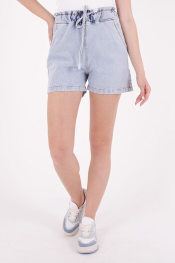 RICHMOST Unlined Mom Fit Women's Denim Shorts with Elastic Waist and Lace-Up Pockets Snow Light Blue Summer