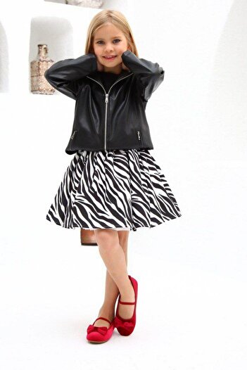 Riccotarz Girl's Zebra Patterned Skirt and Black Skirt Suit with Leather Jacket