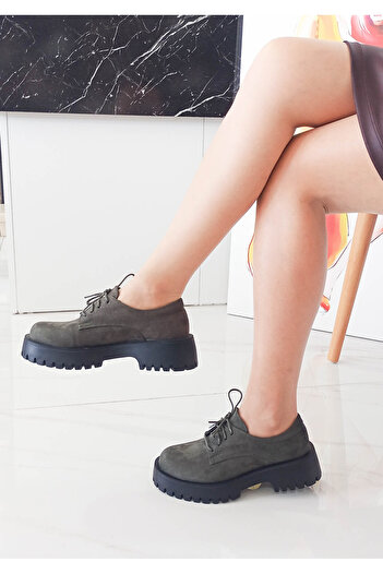 GDT Ayakkabı Γυναικεία Loafer Παπούτσια Χακί Χρώμα Suede Lace-Up Χοντρή σόλα