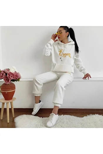BE QUEEN PRINTED HOODED 100% COTTON TREND WOMEN'S TRACKSUIT