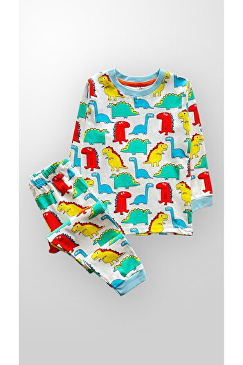 elmas kids Set de pijamale cu mânecă lungă pentru băiat, 100% bumbac, alb, cu model de dinozaur