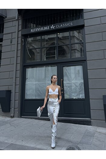Eke Tekstil Γυναικεία σκίσιμο Λεπτομερής γυαλιστερή ψηλόμεση Pencil φούστα