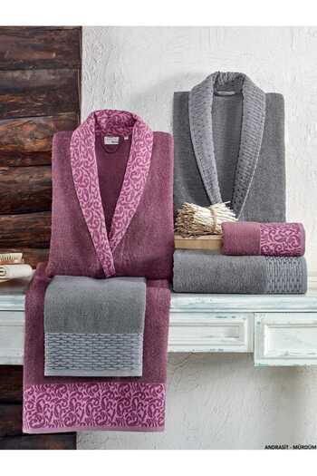 Taç Crystal Embroidered 6 Piece Family Bathrobe Set Anthracite-Plum Crystal Soft Cotton Bathrobe Set