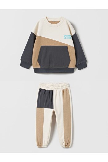 Pink Hippo Kids Contrast Block Colored Sweatshirt Tracksuit Kids Bottom Top Set