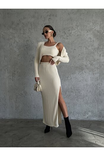 Elif Özbey Butik Triple Ecru Knitwear Set - With Skirt