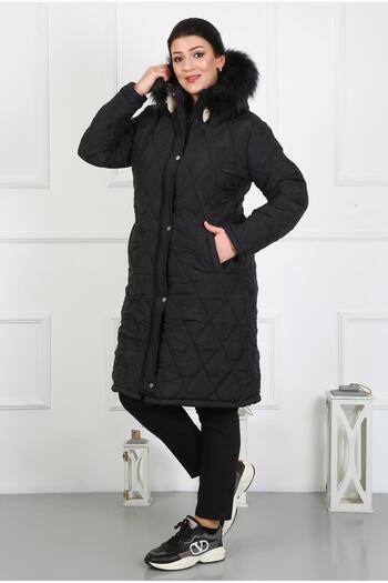 By Alba Collection Women's Black Long Crinkle Fabric Wool Inside Plus Size Coat