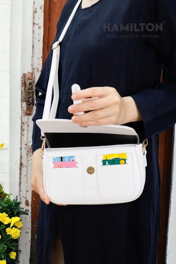 HAMILTON Original Women's White Crossbody Adjustable Strap Lined Leather Baguette Daily Shoulder Bag with Card Holder
