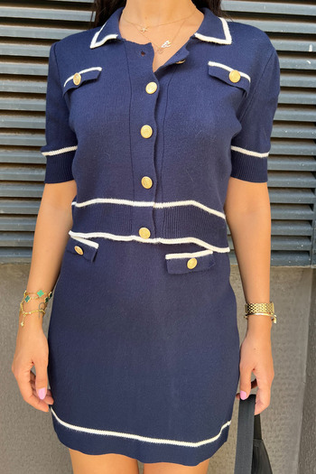 Seda Yalçın Atelier Navy Blue Knitwear Goal Buttoned T-shirt and Mini Skirt Set