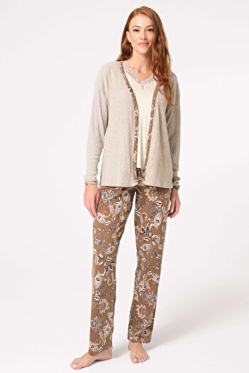 Anıl Anil 5798 Thick Strap V-neck Viscose Floral Patterned Winter Knitted Regular Waist Buttoned Lace Detailed Pij
