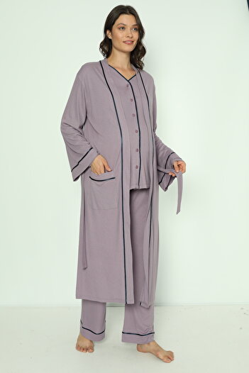 Miss Dünya Lissa Lila Önden Düğmeli Uzun Sabahlıklı Hamile ve Lohusa Pijama Takımı