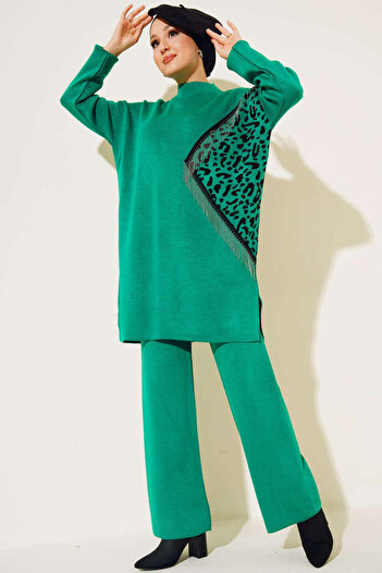 benguen 11004-108 Leopard Tassel Detailed Knitwear Suit Green