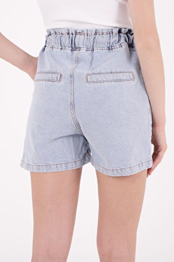RICHMOST Unlined Mom Fit Women's Denim Shorts with Elastic Waist and Lace-Up Pockets Snow Light Blue Summer