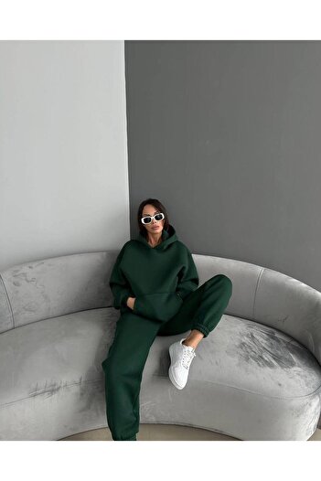 CLAYES Unprinted Sweatpants Set Sweatshirt Jogger - Green Oversize Raised Hooded