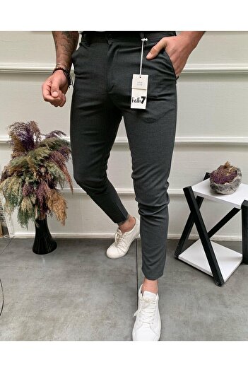 Balance Moda Ανδρικό λινό παντελόνι Anthracite Slim Fit Flexible Lycra
