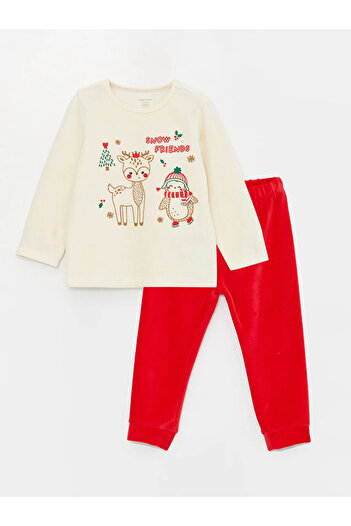 LC Waikiki LCW baby Yılbaşı Temalı Uzun Kollu Kadife Kız Bebek Pijama Takım