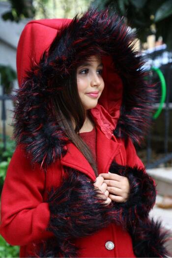 Riccotarz Girl's Red Stash Coat with Fur Detail on Sleeves and Hood and Pompom Beret