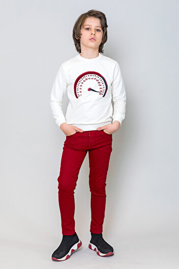 incity Boy's Claret Red Waist Adjustable Back Pocket Embroidery Detailed Trousers