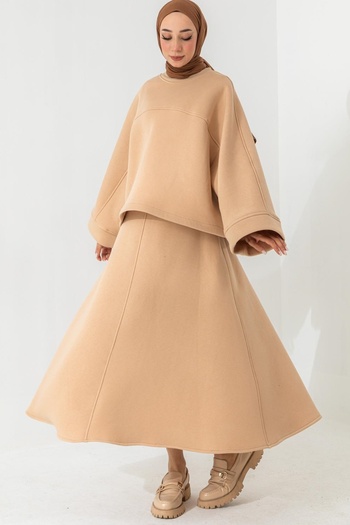 lovebox Cotton Fabric Wide Sleeve Oversize Sweatshirt Flared Skirt Beige Hijab Suit 6186